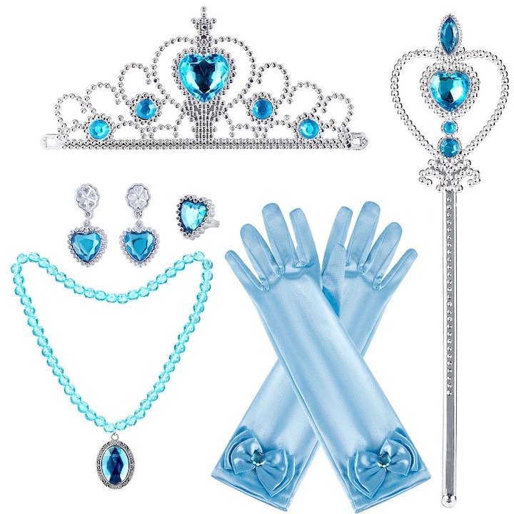 Set Accesorii Printesa, pentru Fete, contine Coronita, Manusi, Bagheta, Colier, Cercei, Inel, ideal Petreceri si Aniversari, Varsta 3-7 ani, Albastru/Argintiu