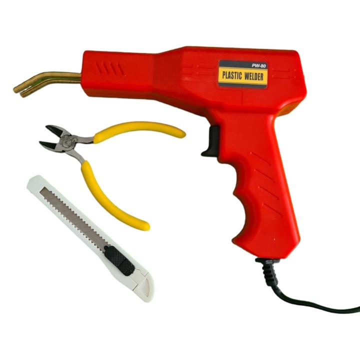 Set Pistol Profesional pentru lipit/sudat plastic, kit pentru repararea fisurilor din plastic, polipropilena, 200 capse de intarire, putere 80W, rosu