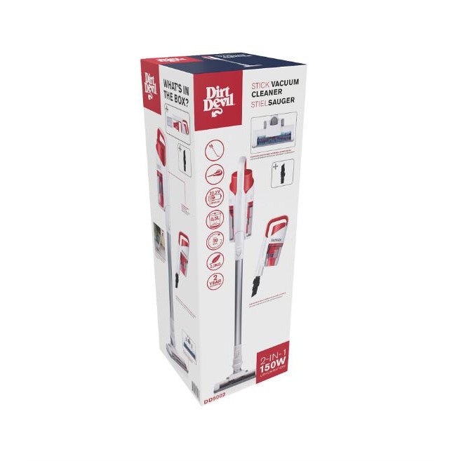 Aspirator cu baterie 2in1 Dirt Devil DD9002, Putere 150w, portabil si cu maner, Include perie si duza combinate, durata de viata a bateriei pana la 30 de minute, 2 setari, Alb-Rosu