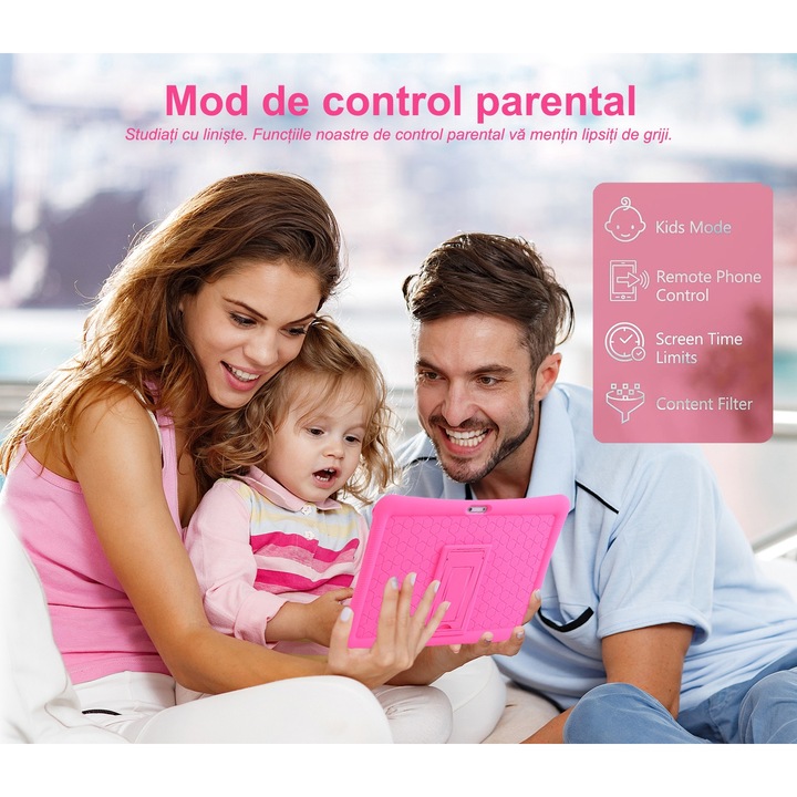 Tableta pentru copii de 10 inch, marca LULUGTI, cu Android 13, 6 GB RAM, 128GB ROM, rezolutie 1280x800, tableta pentru copii cu control parental, software pentru copii preinstalat, suport pentru WiFi si Bluetooth, Roz