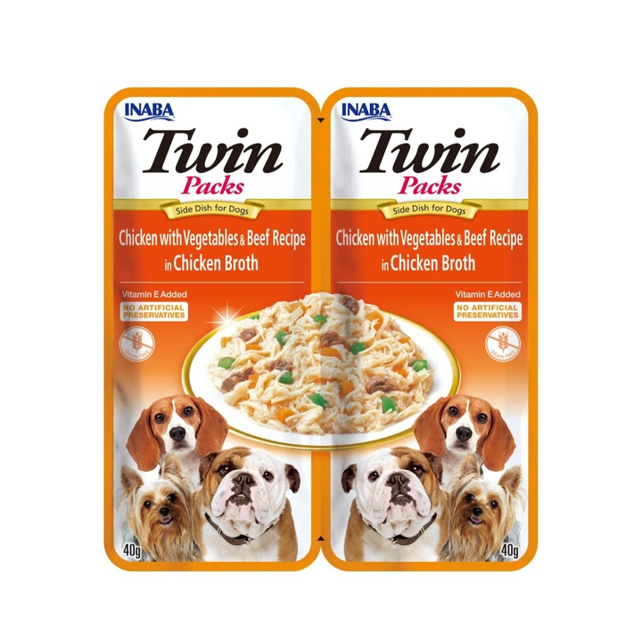 Hrana umeda pentru caini, Churu Dog Twin Pui cu Legume si Vita in Supa de Pui 80g