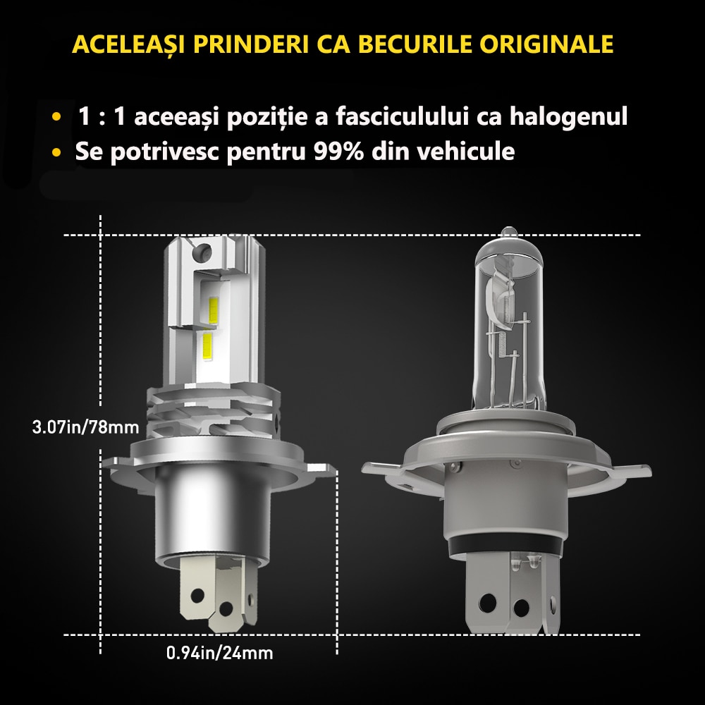 Комплект LED крушки Auxito, 2 броя, H4, Светлина 6500K, 12000 лумена ...