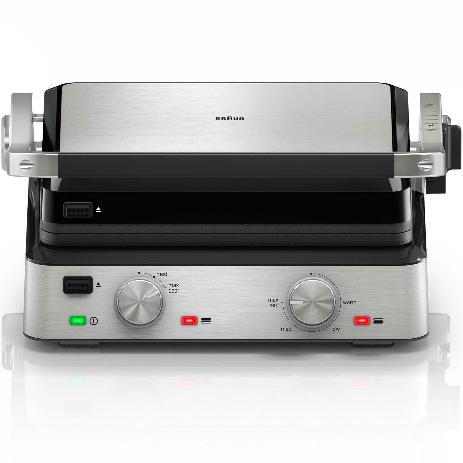 Grătar electric BRAUN MultiGrill CG7020, 2000W, 3 moduri de gătire, 2 zone de gatit cu termostate electronice independente, 1 set de plăci detasabile, deschidere 180°, tava scurger
