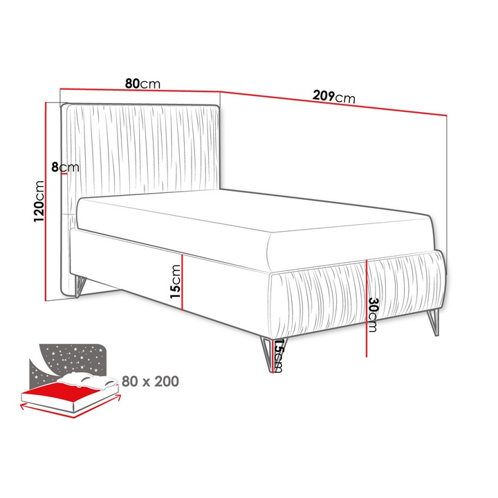 Pat tapitat Kottos I, Mirjan24, gri deschis, 80x200