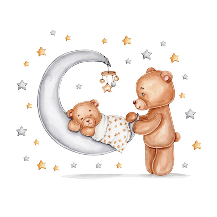 Sticker decorativ autocolant Pastel pentru camera copilului, Mama urs si Teddy ursulet, 50/60 cm