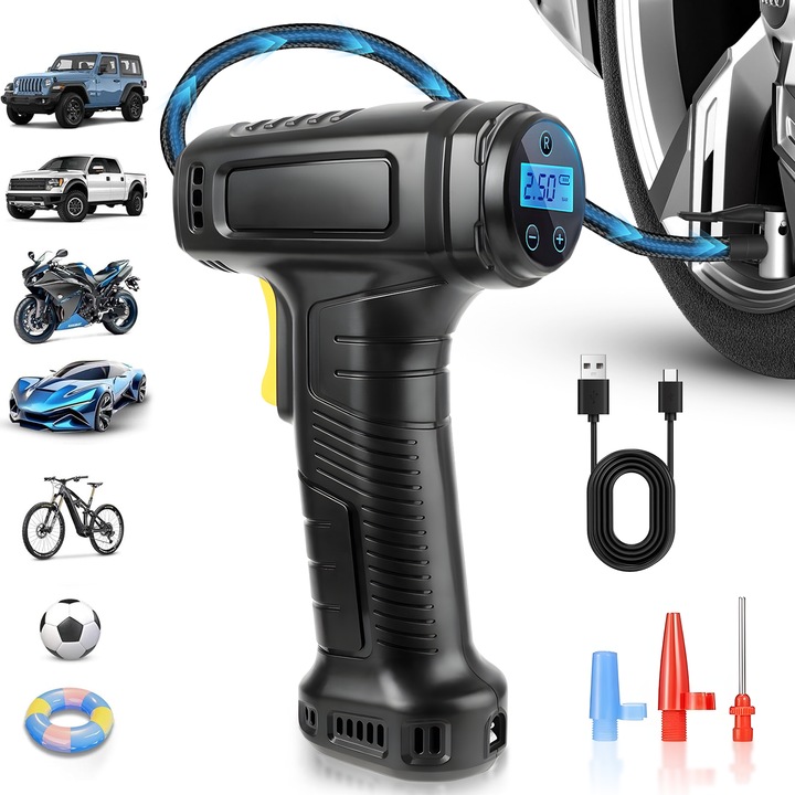 Mini Compresor Auto Portabil Tip Pistol, YANX, 12V, Afisaj digital, 3 Duze incluse, 2.5BAR, Lampa LED, Negru