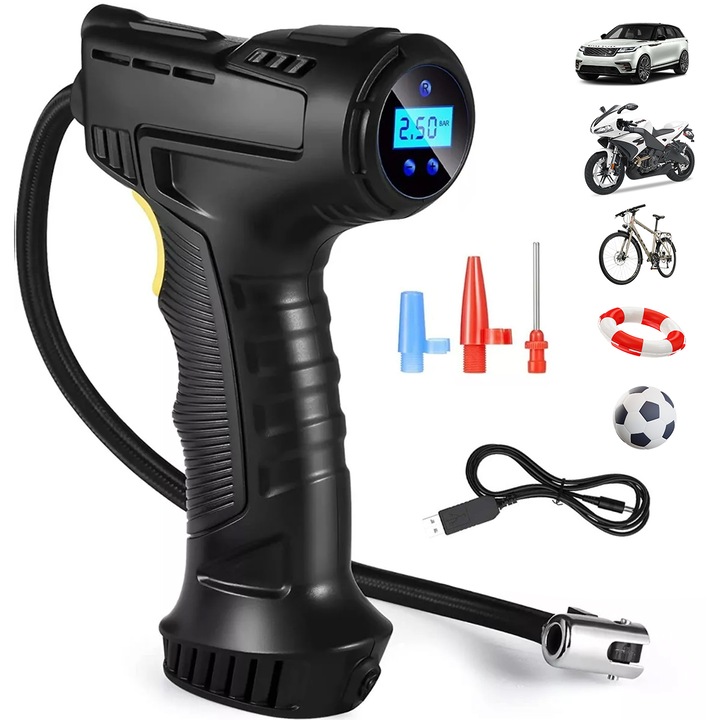 Компресор, YANX, 12V, Цифров дисплей, 3 дюзи включени, Преносим, Черен