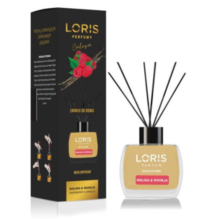 Szobai légfrissítő pálcikákkal Loris málna és vanília 120 ml