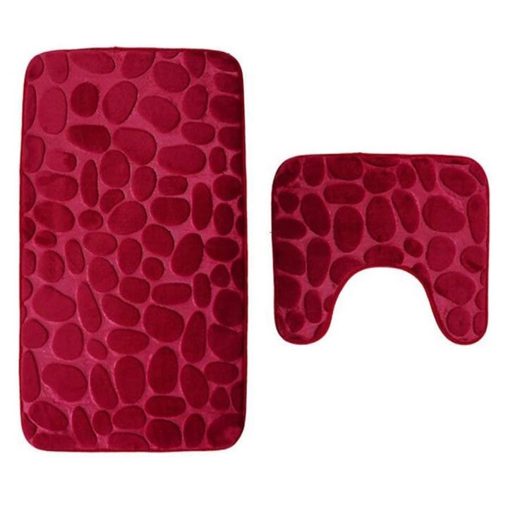 Set 2 covorase baie, Darklove, Spuma cu memorie antiderapant, Design cu pietricele, Moale si confortabil, Usor de curatat, 80*50,50*40cm, Poliester, Burgundy