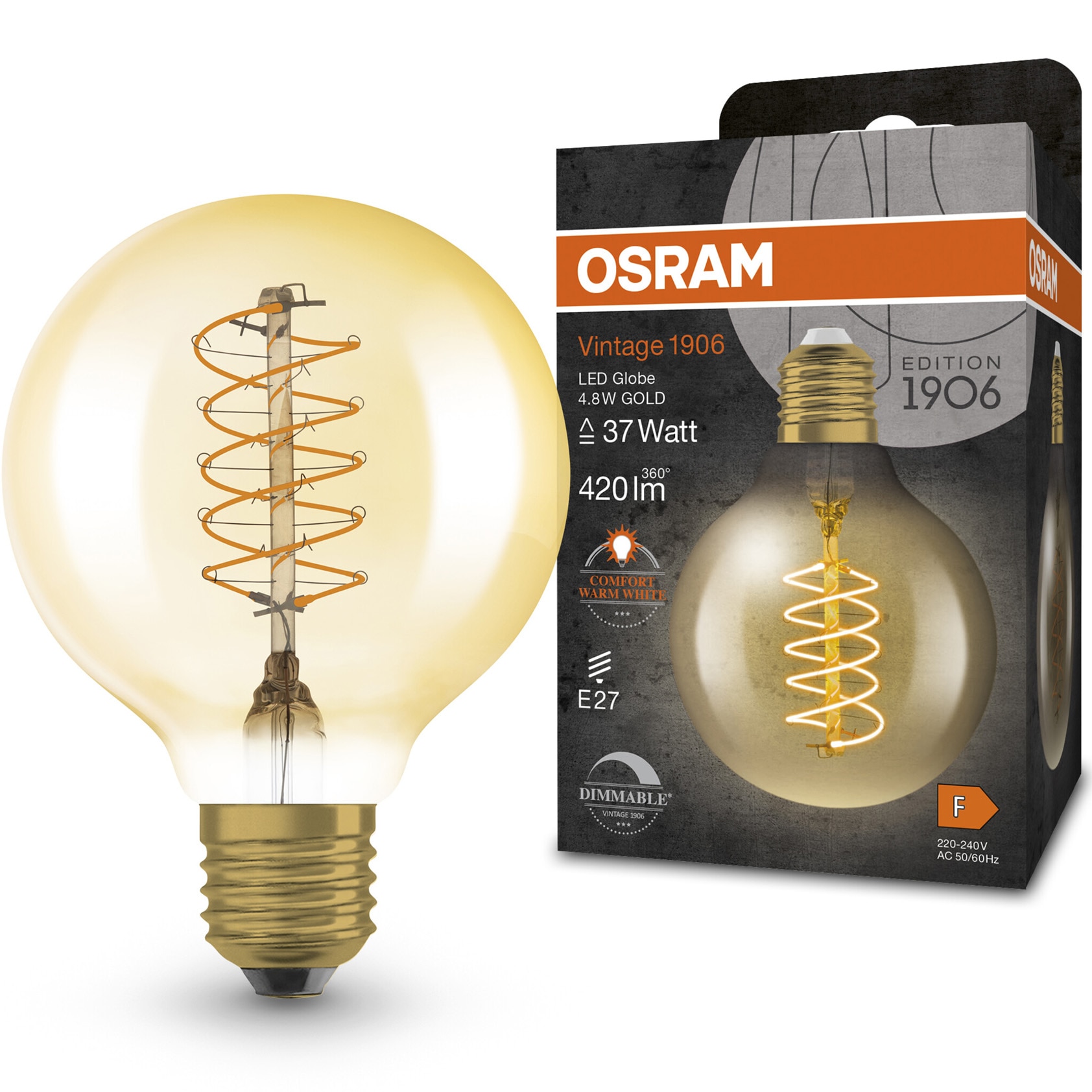 OSRAM Vintage 1906 LED-Lampe – Dimmbar, Glühwendel-Design, 7,3 W, E27, Warmweiß & Energiesparend