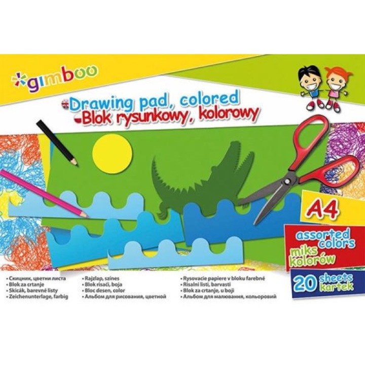 Bloc Desen A4, 20 File - 70gsm, Coperta Carton, Gimboo - Foi Color Asortate