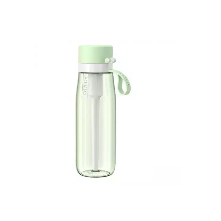 Cana cu filtru pentru purificarea apei Phillips, FillAndGo, elimina clor, pesticide si bacterii, 660ml capacitate, verde-transparent