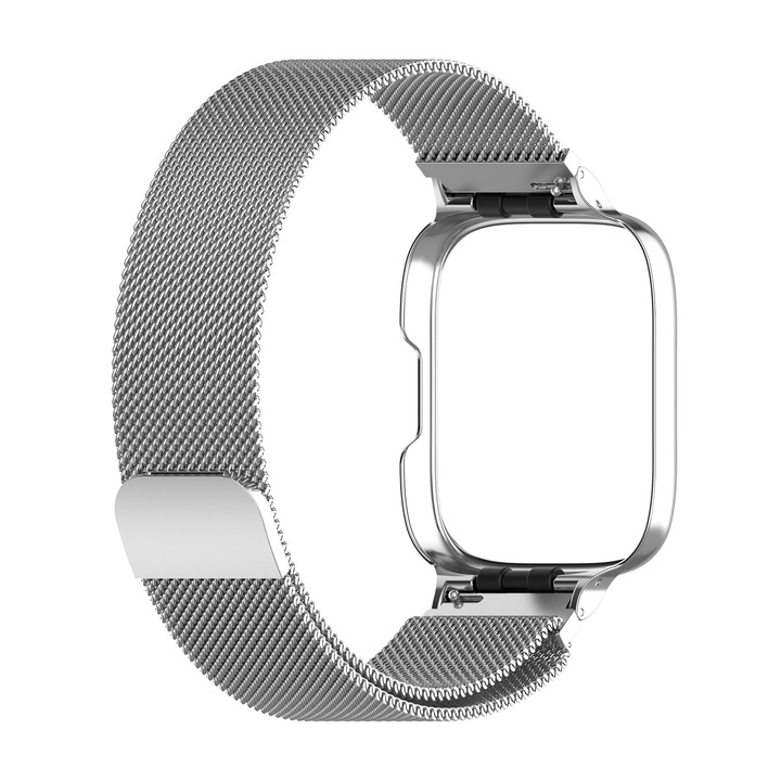 Sikai okosóra kiegészítő szett, milánói rozsdamentes acél szíj, alumínium előlapi tok - Xiaomi Redmi Watch 3 Active, ezüst színű