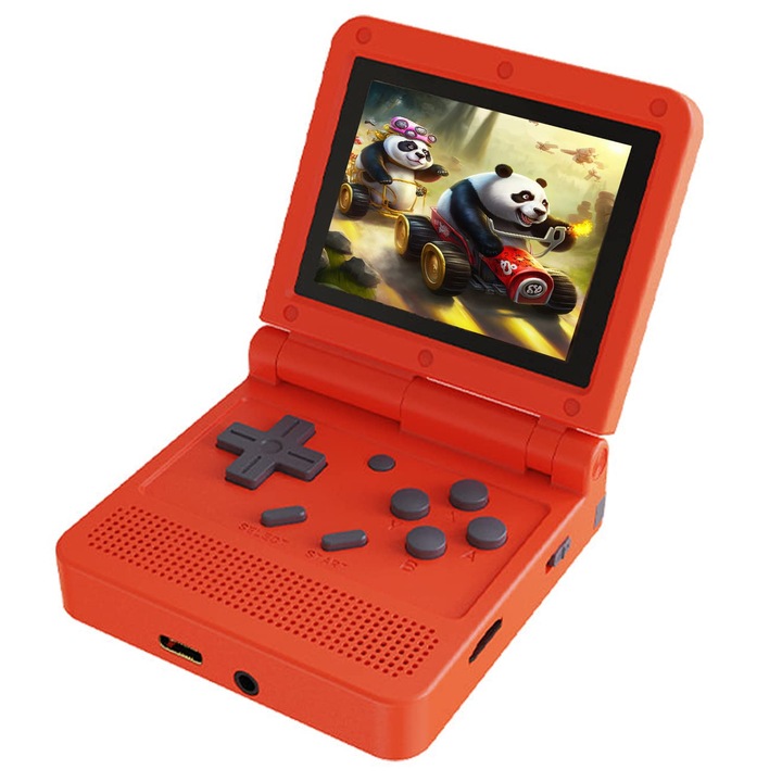 Consola de joc Powkiddy V90, culoare rosie, cu clapita, portabila, suport pentru 12+ emulatoare retro