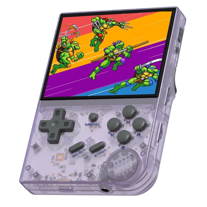 Consola de joc ANBERNIC RG35XX, culoare mov transparent, portabila, suport pentru 14+ emulatoare retro