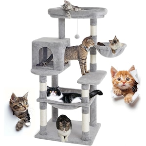 Ansamblu de joaca pentru pisici Fish & Paws ®, cu bila suspendata, stalpi din fibra rezistenta din sisal pentru zgariat, foarte stabil si structura atractiva, 2 platforme de observatie, 2 hamace si o casuta, inaltime de 143cm, Gri