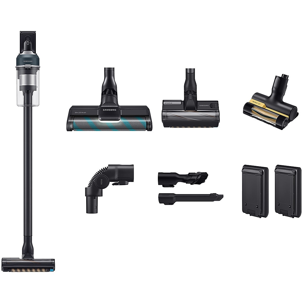 Aspirator vertical Samsung Jet 85 Complete Extra VS20C8534TB/GE, 0.8L, 25.2V, 580W, Digital Inverter, Perie Jet Dual pentru covoare, Perie Slim LED pentru parchet, Perie Pet, 120 min autonomie (2 baterii), Negru-Albastru