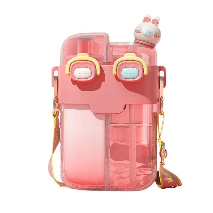 Sticla de apa cu paie, Wallalla, 780 ml, fara BPA, cu pereti dubli, portabila, cu curea reglabila si autocolante, roz