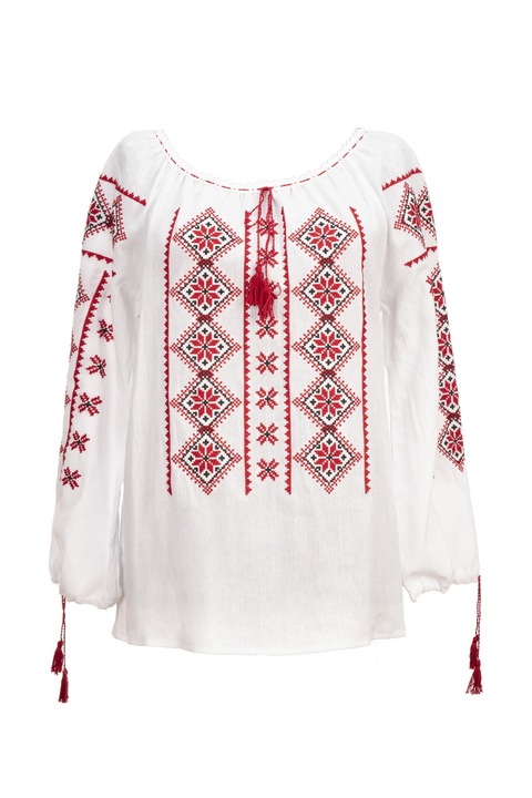 Ie dama, din in topit alb, cu model geometric rosu, Rosu