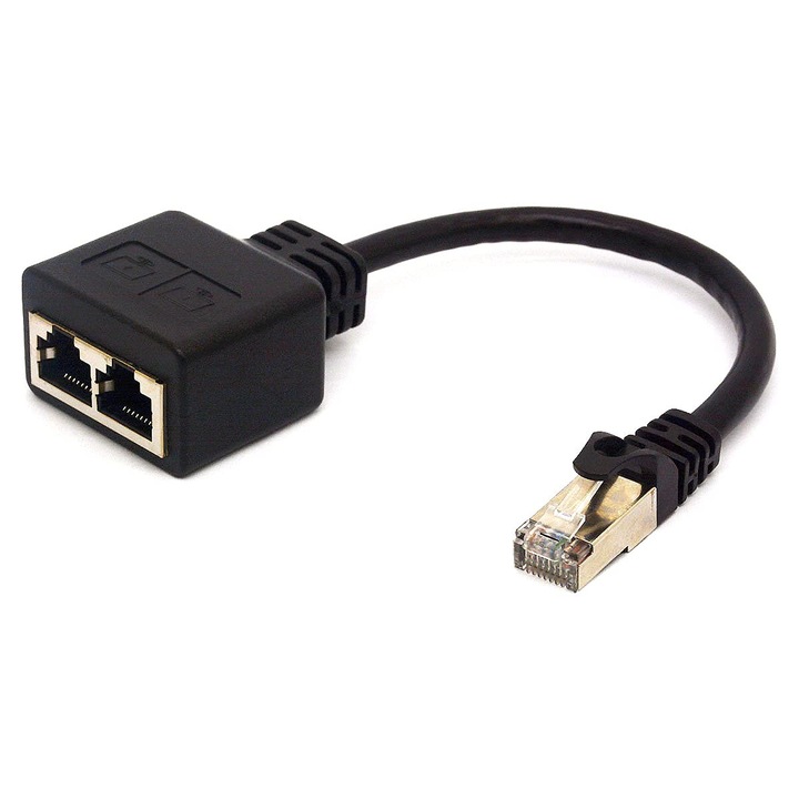 Jormftte hálózati adapter kábel, RJ45 1 apa-2 anya, CAT 6, fekete, 20 cm