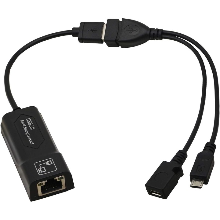 Jormftte USB 2.0 към RJ45 Ethernet адаптер, Micro USB OTG кабелен комплект, черен, 21,4x2,6x1,5 cm