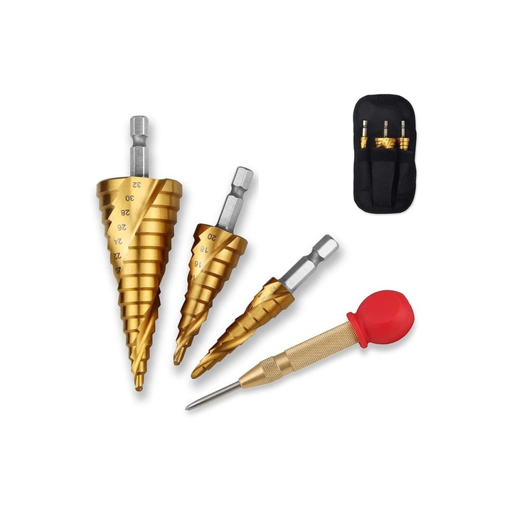 Комплект от 4 спирални свредла, Jormftte, HSS, неръждаема стомана, злато