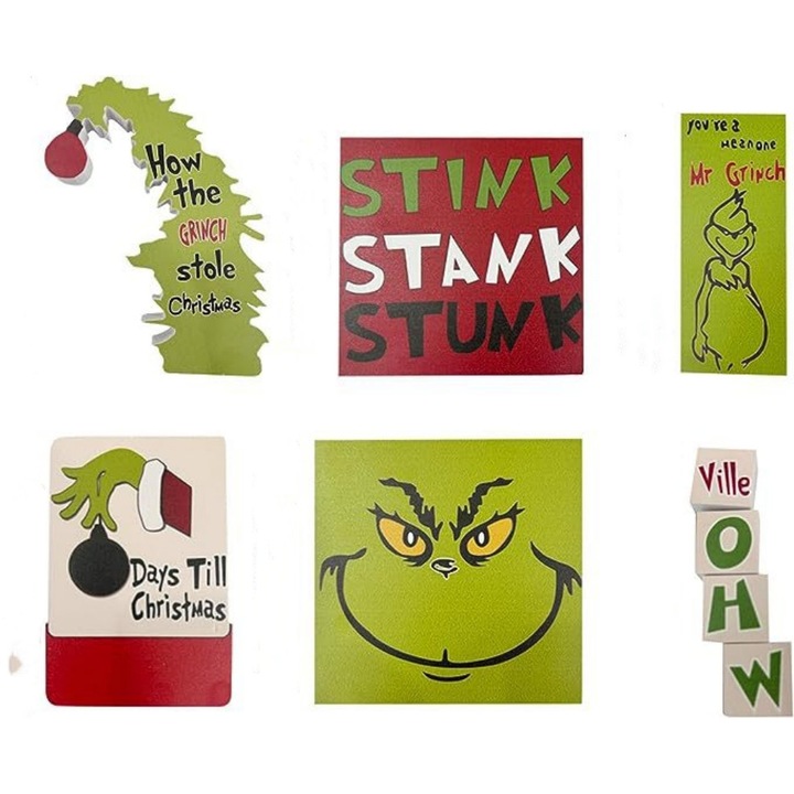 Set 6 semne de Craciun Grinch, Sunmostar, Lemn, Multicolor