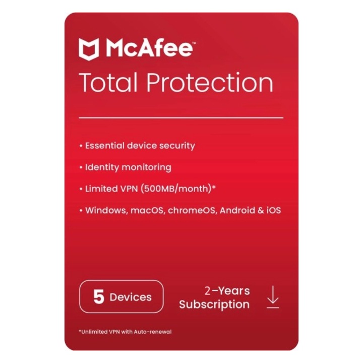 Licenta Antivirus McAfee Total Protection 5 Dispozitive 2 Ani Electronica