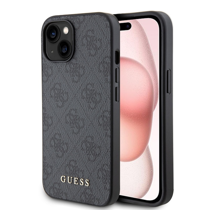 Tok iPhone 15 / iPhone 14 / iPhone 13 telefonokhoz - Guess Hardcase 4G fém arany logó (GUHCP15SG4GFGR) - szürke