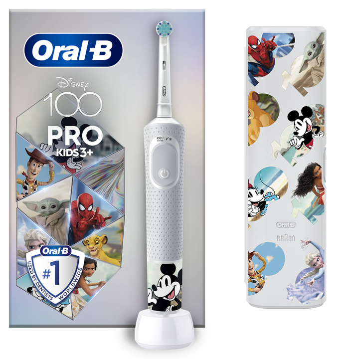 Periuta de dinti electrica pentru copii Oral-B Vitality Pro Kids Mickey 100 pentru copii, Curatare 2D, 2 programe, 1 capat, 4 autocolante, +3 ani, Alb