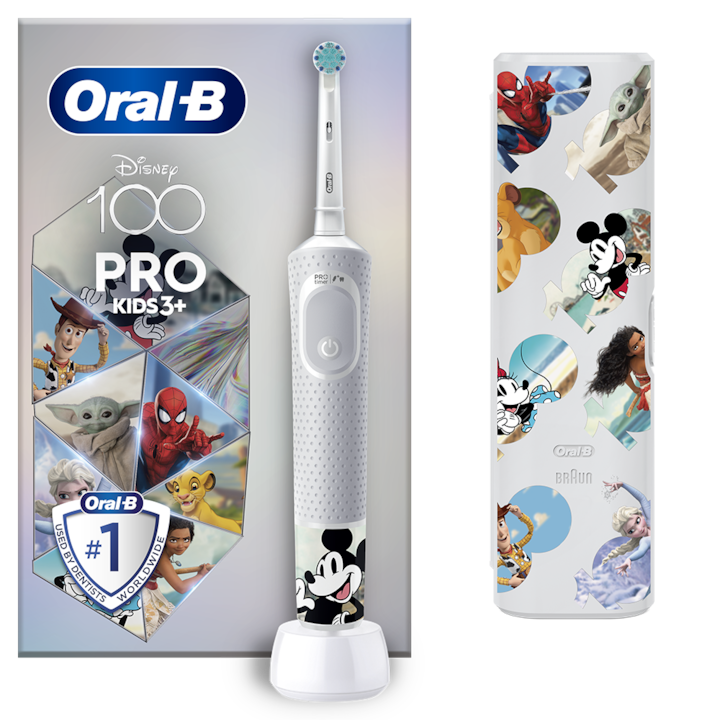 Електрическа четка за зъби Oral-B Vitality Pro Kids Mickey 100 за деца, 2D почистване, 2 програми, 1 глава, 4 стикера, 3+ години, Бял