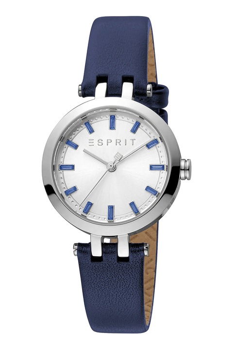 Esprit, Часовник от неръждаема стомана с кожена каишка, Сребрист, Тъмносин