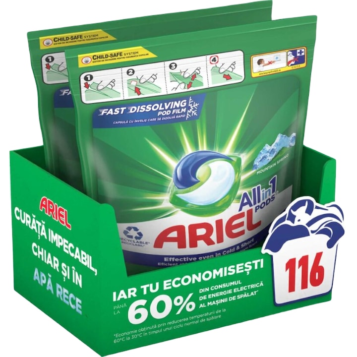 Detergent de rufe capsule Ariel All-in-One PODS Mountain Spring, 2x58 buc, 116 spalari