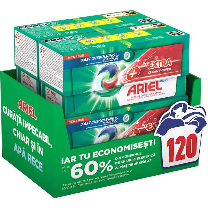Detergent de rufe capsule Ariel PODS+ Extra Clean Power, 4x30 buc, 120 spalari
