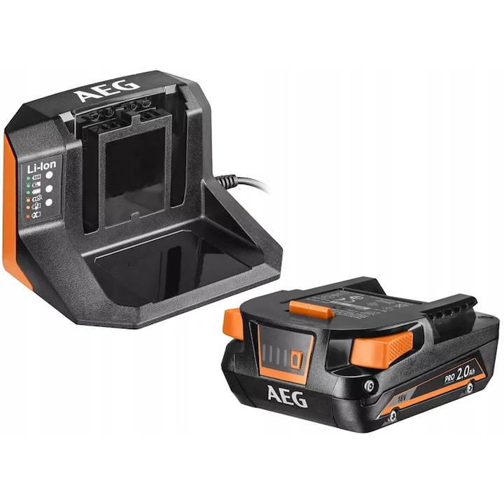 Set baterie si incarcator, AEG, Litiu-Ion, 2Ah, 18V, 770 g, Negru/Portocaliu