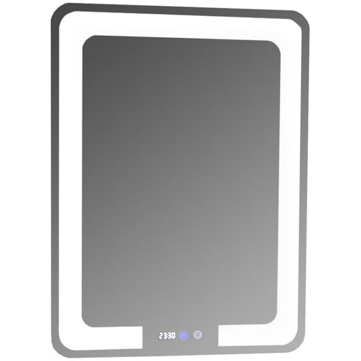 Oglinda cu iluminare LED Badenmob, Buton touch ON/OFF, functie dezaburire, ceas, data si termometru, 60x80cm, clasa energetica G