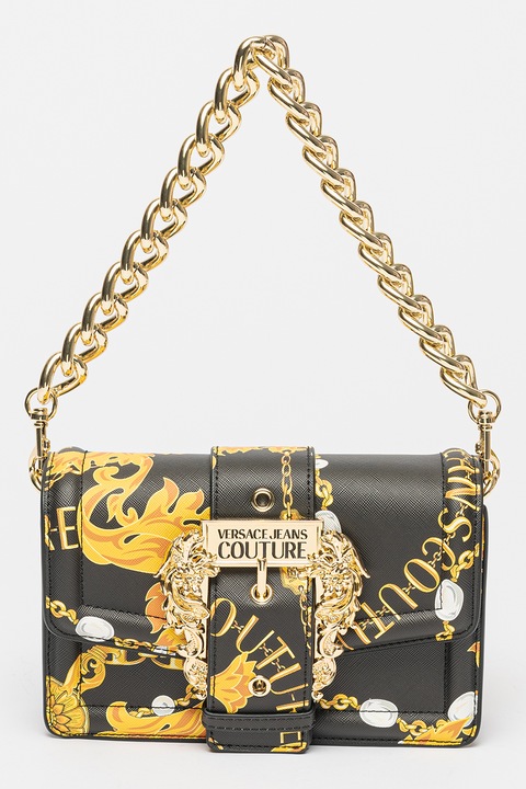 Versace Jeans Couture, Екологична кожена чанта през рамо с лого щампа, черно, жълто