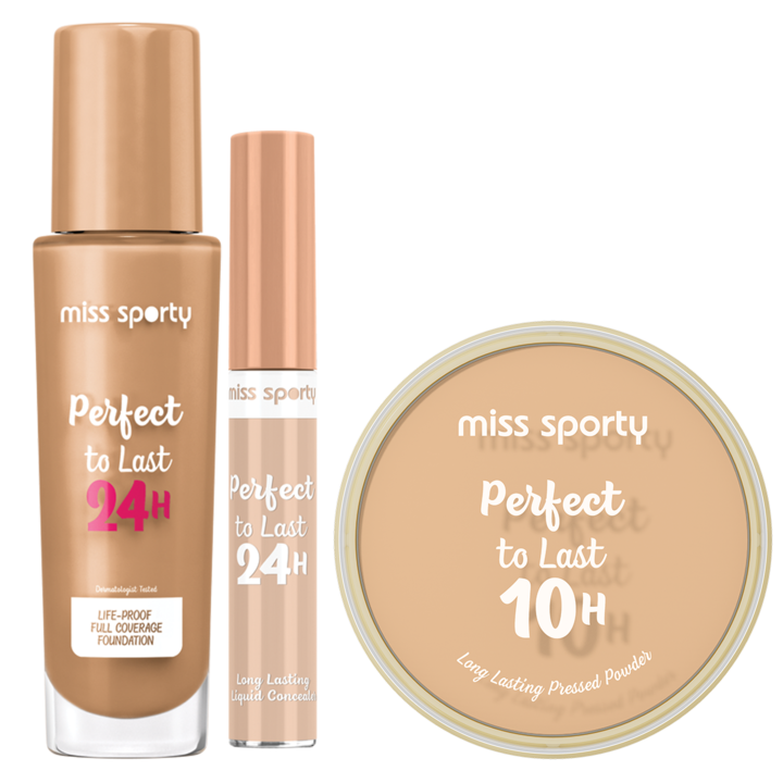 Set cadou Miss Sporty: Fond de ten Perfect to Last 24H 200 Beige, 30 ml + Anticearcan Perfect To Last 001 Ivory, 5.5 ml + Pudra Perfect To Last Light 30, 4g