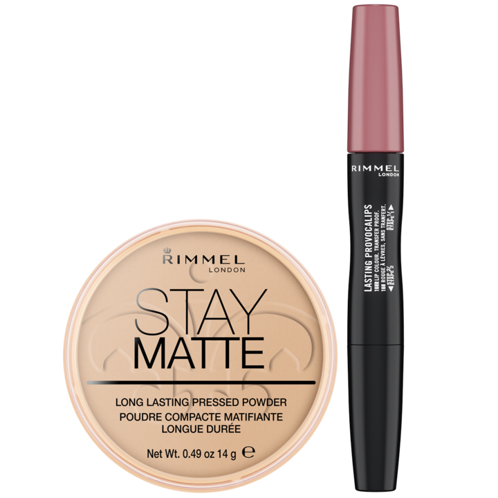 Set cadou Rimmel: Pudra compacta Stay Matte 01 Transparent, 14 g + Ruj lichid Lasting Finish Provocalips 400 Grin & bare it, 3.9 g
