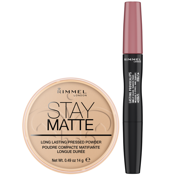 Rimmel ajándékkészlet: Compact púder Stay Matte 01 Transparent, 14 g + Folyékony rúzs Lasting Finish Provocalips 400 Grin & Bare it, 3,9 g