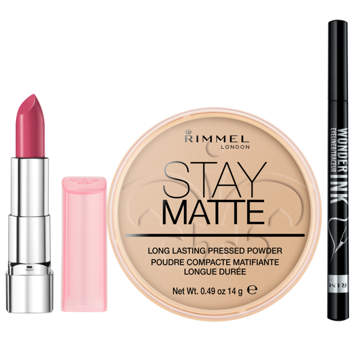 Подаръчен комплект Rimmel: Червило Moisture Renew 140 Rose Records, 4 g + Сенки за очи Wonder Ink Ultimate 24h 001 Black, 1,2 ml + Компактна пудра Stay Matte 01 Transparent, 14 g