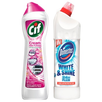 Pachet promo: Cif Cream Pink Flower 500ml + Dezinfectant Domestos White 750ml, 40 % Reducere pentru Domestos Pachet promo: Cif Cream Pink Flower 500ml + Dezinfectant Domestos White 750ml, 40 % Reducere pentru Domestos