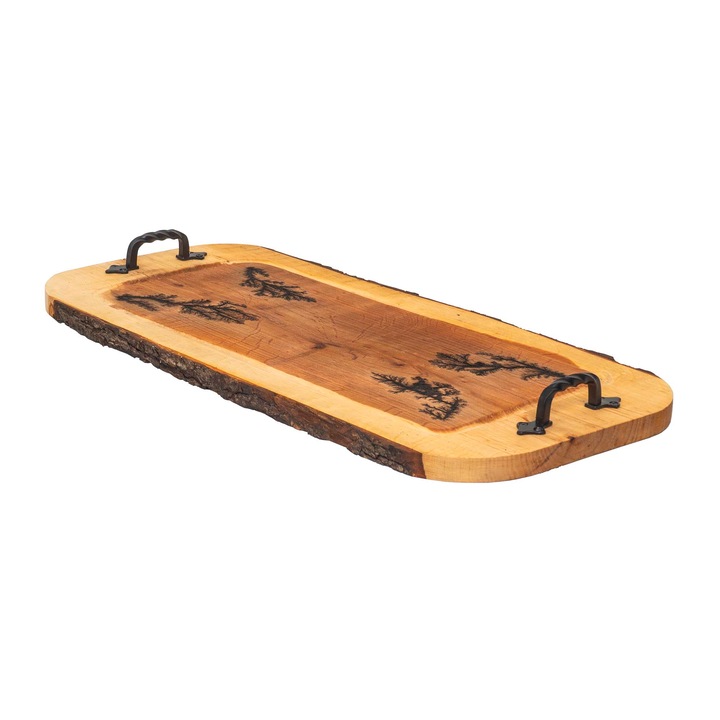 Tava din lemn de arin, sculptata, cu manere din fier forjat, 61x30cm / EXT 10130