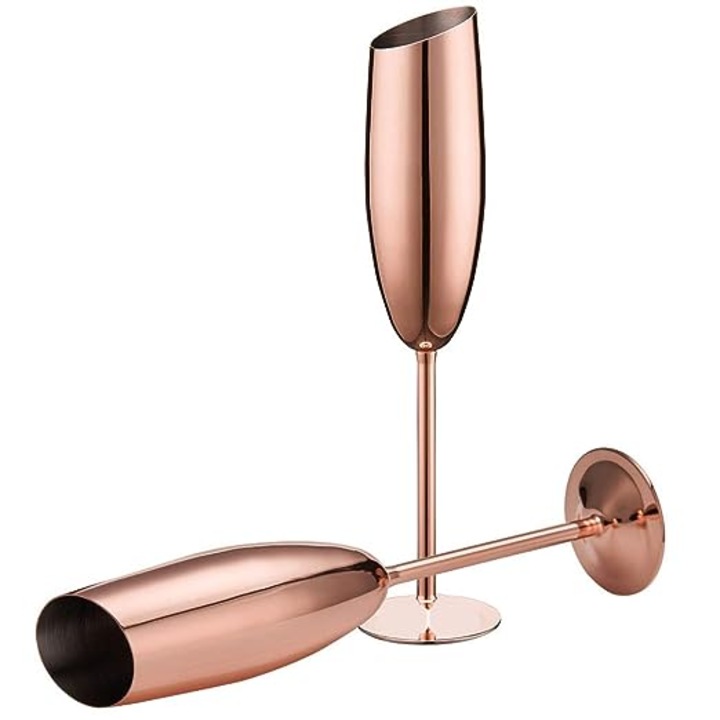 Set 2 pahare gold-rose pentru sampanie din inox, taiate, 240ml