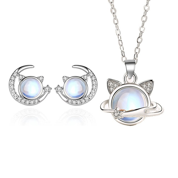 Set bijuterii dama cercei cu colier, Model de pisica Star Moon, piatra lumina lunii, argint 925