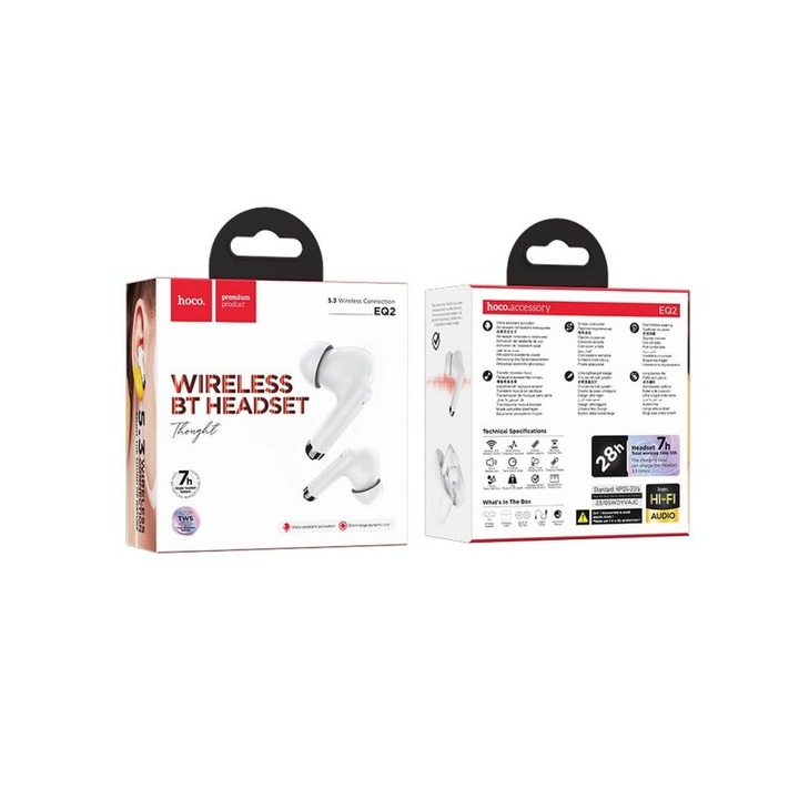 Casti Wireless EQ2 Hoco, Capacitate 320mAh, Bluetooth 5.3 TWS, Alb