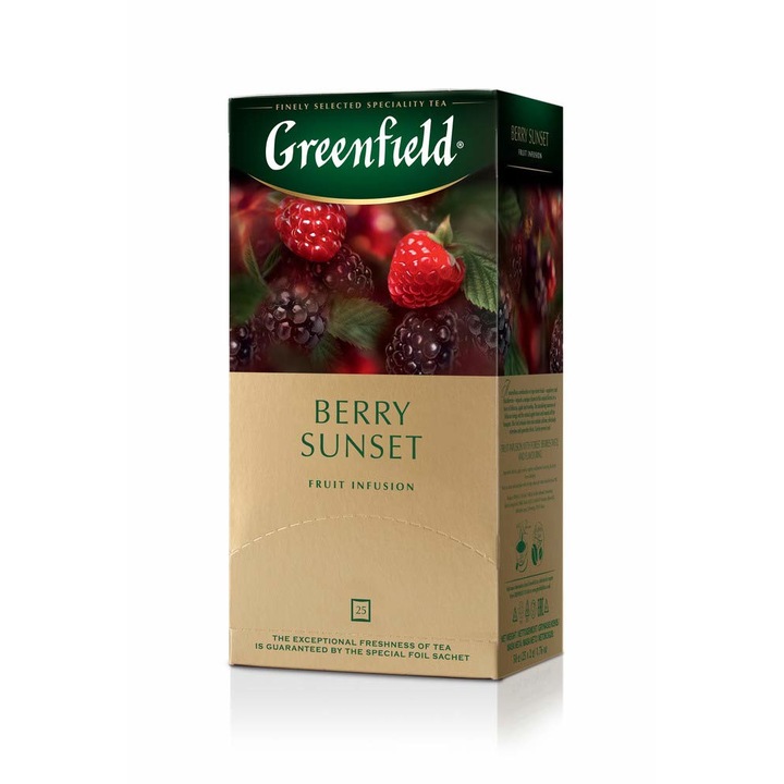 Ceai de plante Greenfield Berry Sunset, 25 pliculete x 2 g, cu fructe de padure, zmeura si mure