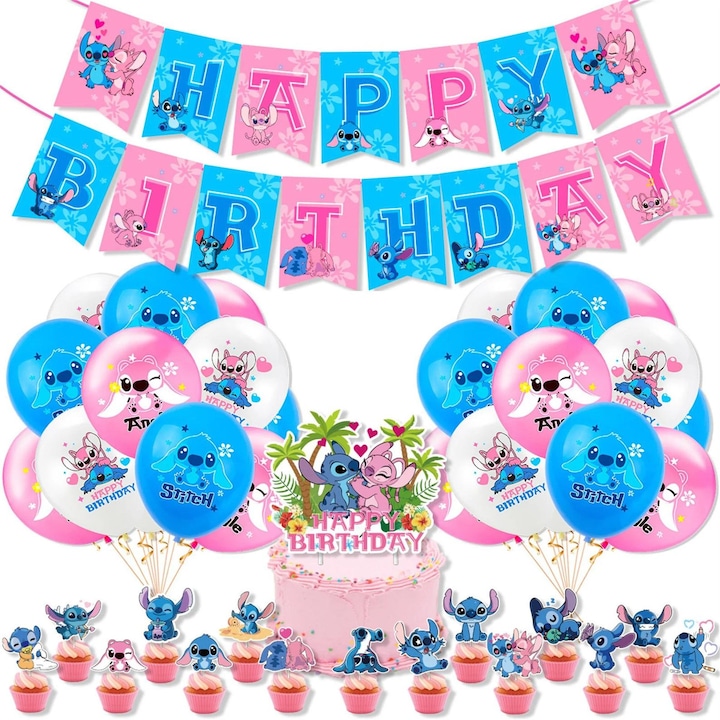 Комплект 18 детски балона Lilo si Stitch, За парти за рожден ден, Латекс, 1 банер с надпис Happy Birthday, 15 топера за кексчета, 1 топер за торта, Бял / Розов / Син