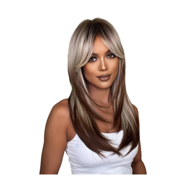 Peruca lunga Ombre MARO, Animis Beauty ®, fibra sintetica cu aspect natural, par lung drept, cu semi breton, 60 cm