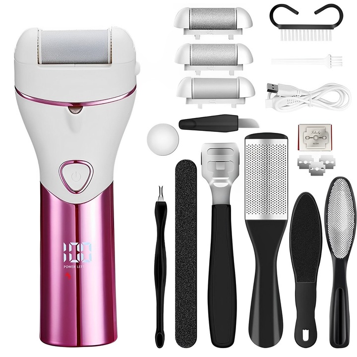 Електрическа пила за подметки и пети, BYONDSELF®, Дигитален дисплей, Водоустойчив, 2 скорости, 1970rot/min, Включени 10 глави, LED фенерче, Отстраняване на мъртва кожа, Премахване на мазоли, Розово